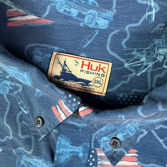 Huk Kona Shirt Mens 3XL Blue Fishing Performance Stretch Button Down Fish Flags - Picture 3 of 8